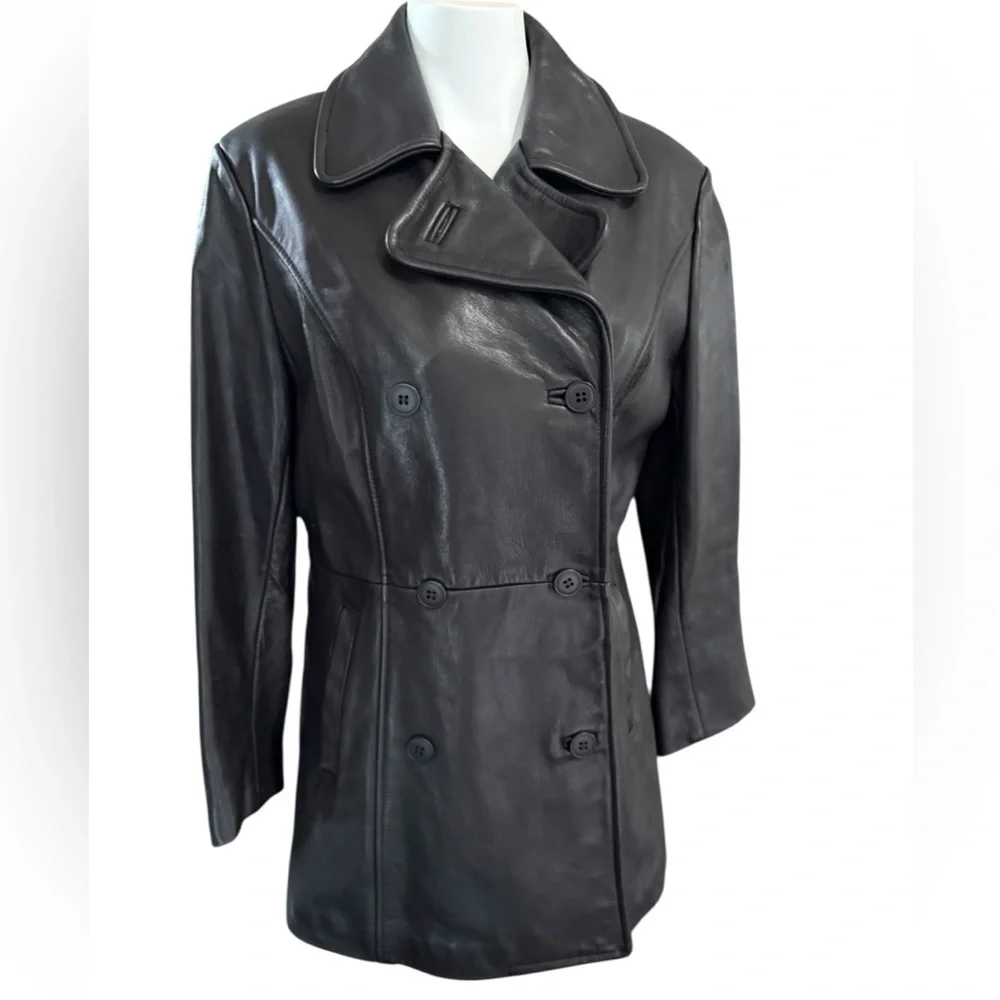 Mantique Black Double-Breasted Leather Jacket, quilted lining, pockets Sz Med 🇨🇦 - Picture 3 of 10